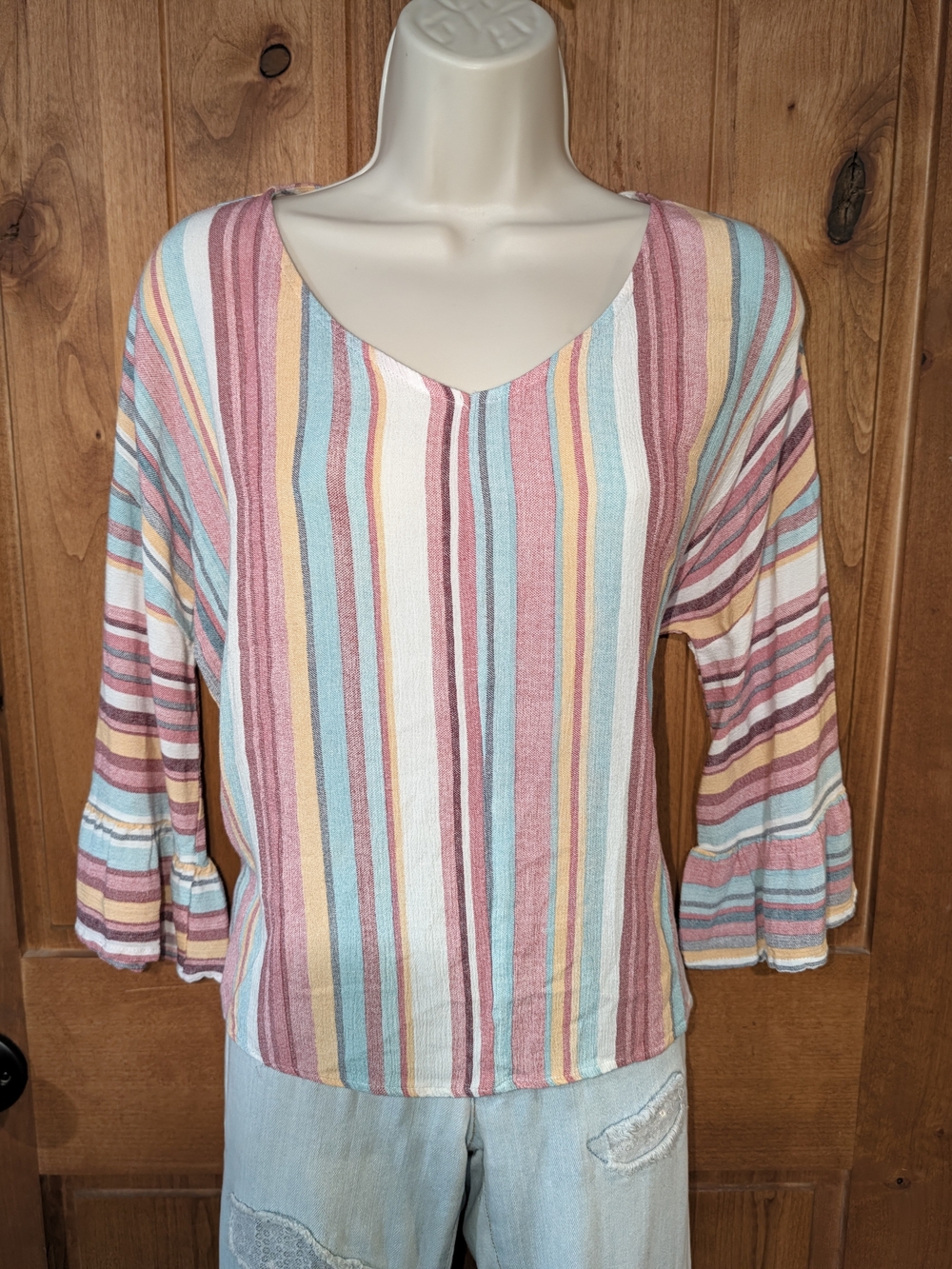 Coco + Carmen Pastel Multistripe V-Neck Bell Sleeve Top